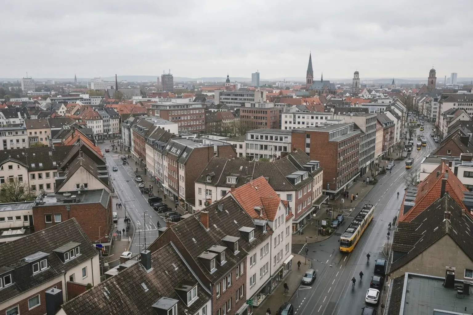 Luftaufnahme einer deutschen Innenstadt mit Geschäftshäusern, Bürogebäuden und Dächern im Morgenlicht