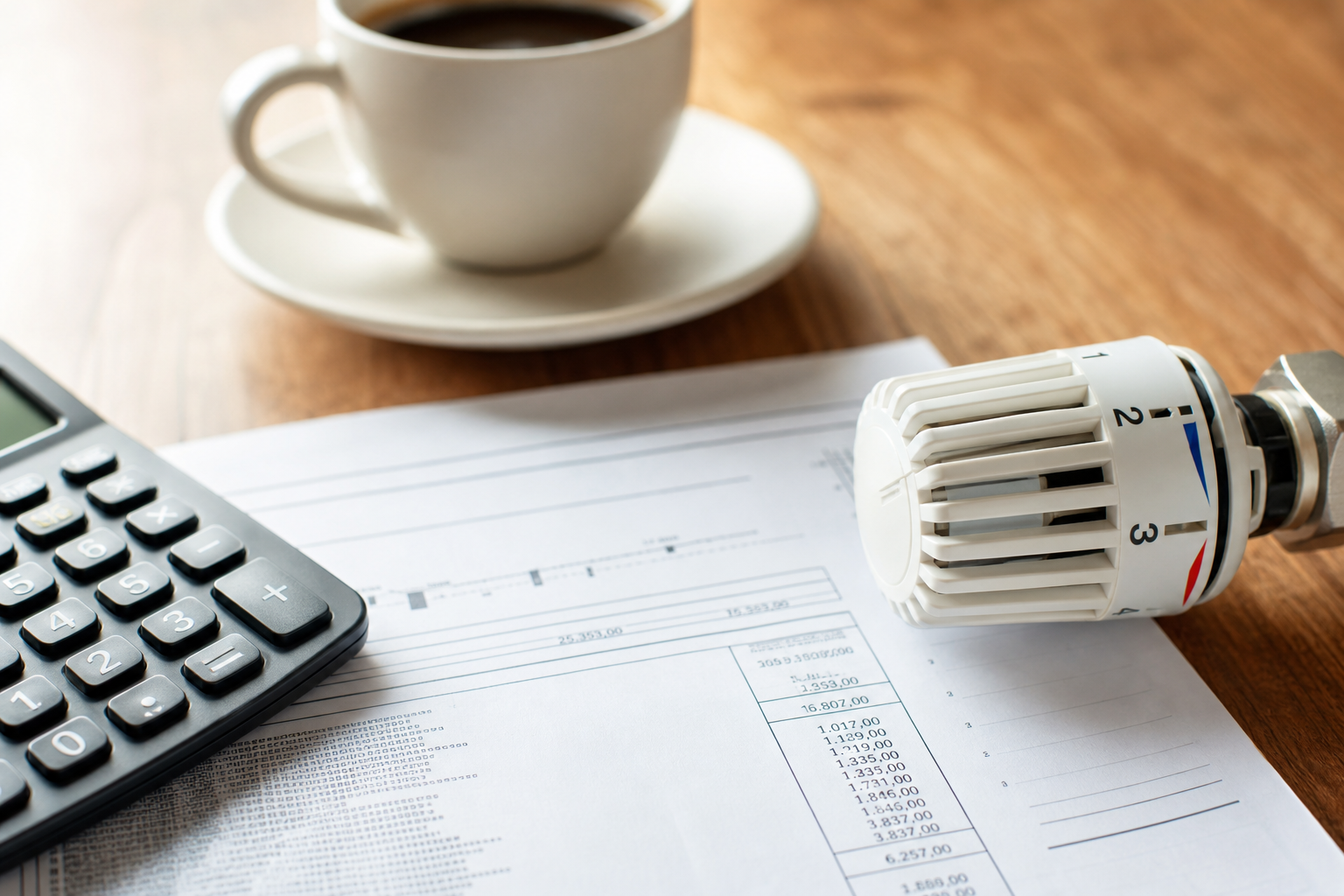 Nahaufnahme einer deutschen Heizkostenabrechnung mit Taschenrechner, Heizkörperthermostat und Kaffeetasse auf einem Holztisch