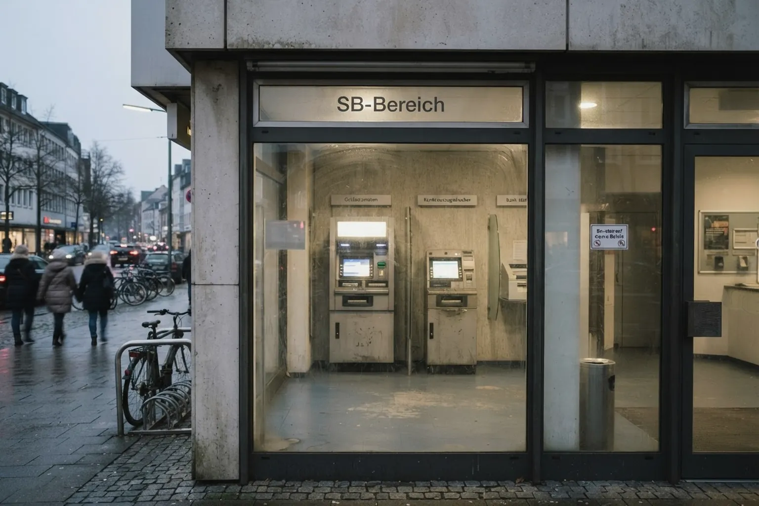 Moderne Bankfiliale von außen mit SB-Bereich und Geldautomaten hinter Glas, Abendlicht