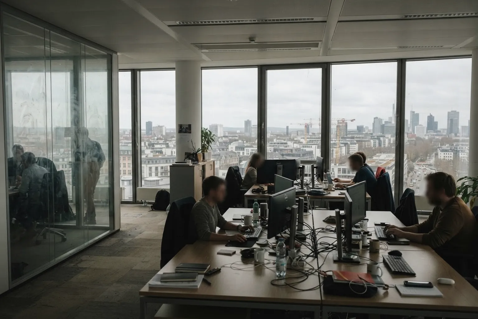 Offene moderne Bürofläche in einem Bürohochhaus mit Schreibtischen, Glaswänden und Blick über die Stadt