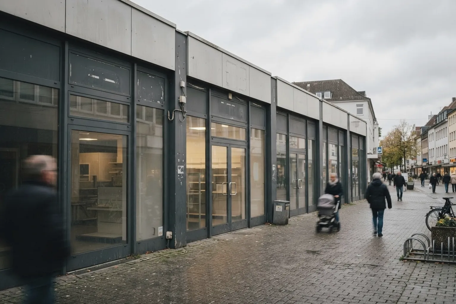 Mehrere Ladengeschäfte nebeneinander in einer Fußgängerzone, gleiche Fassadengestaltung, Tageslicht