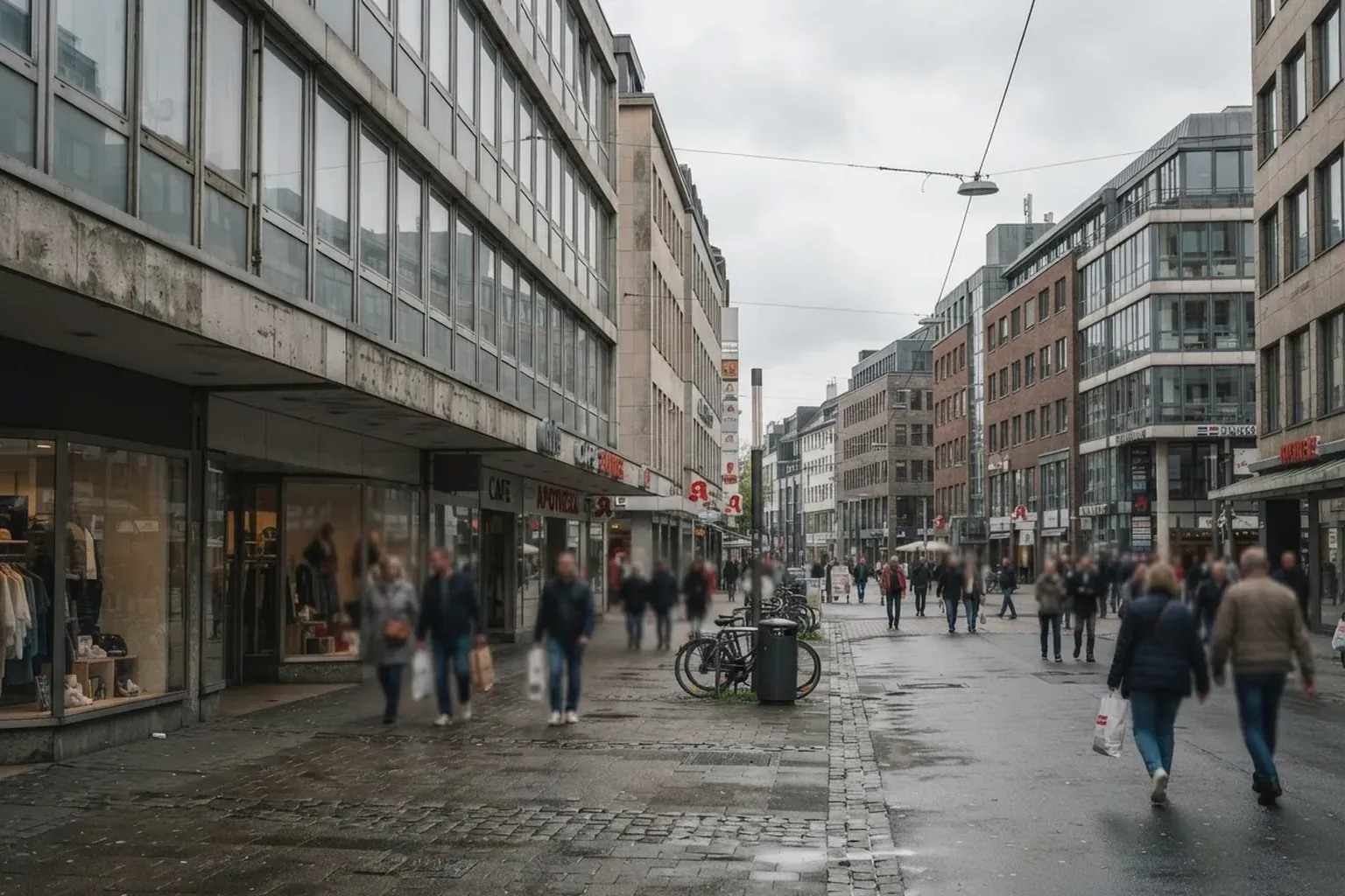 Essener Innenstadt mit moderner Einkaufsstraße und Bürogebäuden, Tageslicht