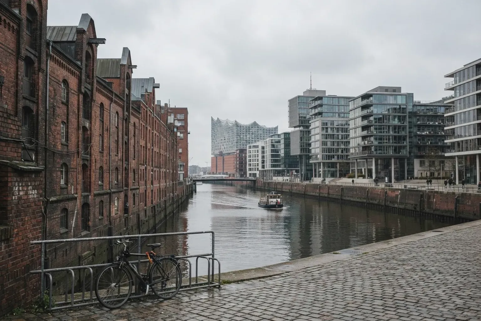 Hamburger Speicherstadt und HafenCity mit Backsteinspeichern und modernen Bürogebäuden