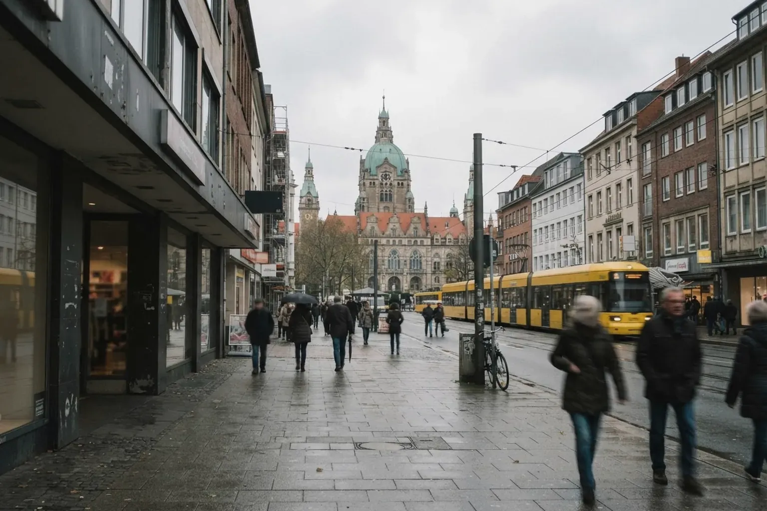 Hannoversche Innenstadt mit Geschäftshäusern und dem Neuen Rathaus im Hintergrund