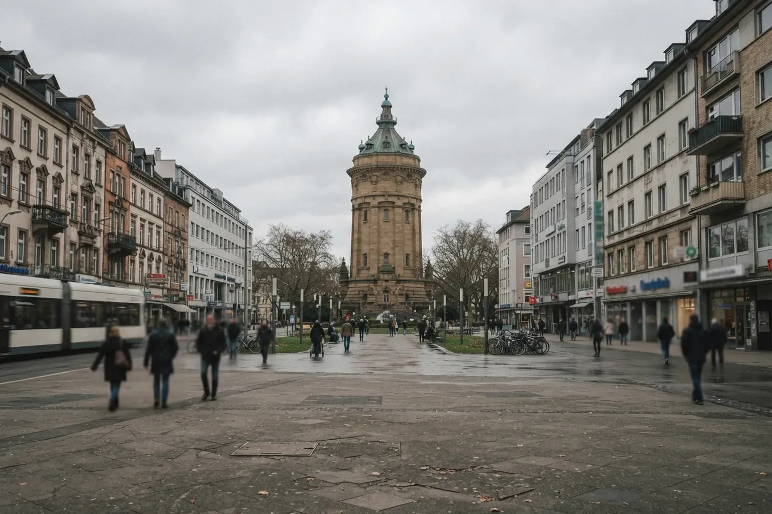 Mannheimer Innenstadt mit Wasserturm und Geschäftshäusern in den Quadraten