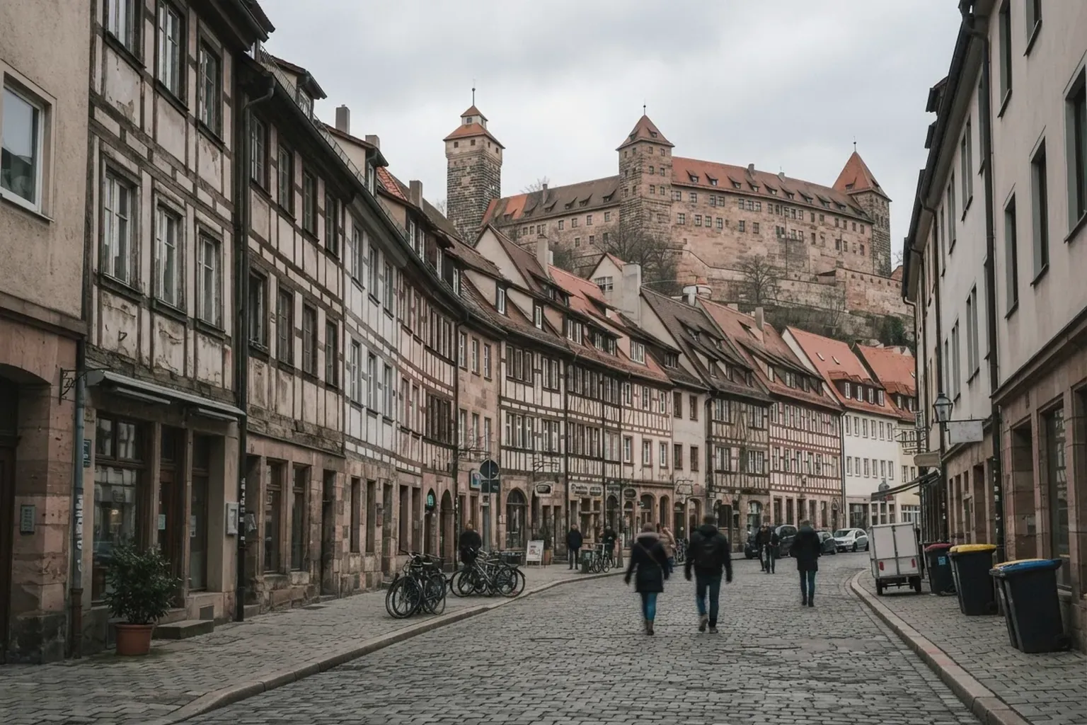 Nürnberger Altstadt mit Fachwerkhäusern, Geschäften und der Kaiserburg im Hintergrund