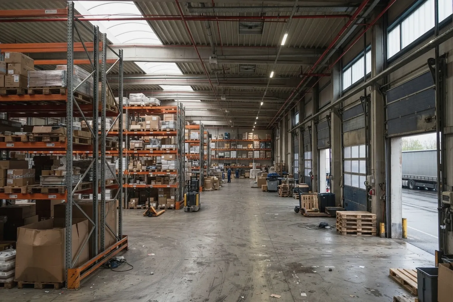 Große moderne Logistikhalle mit Hochregalen, Sprinkleranlage an der Decke und Hallentoren