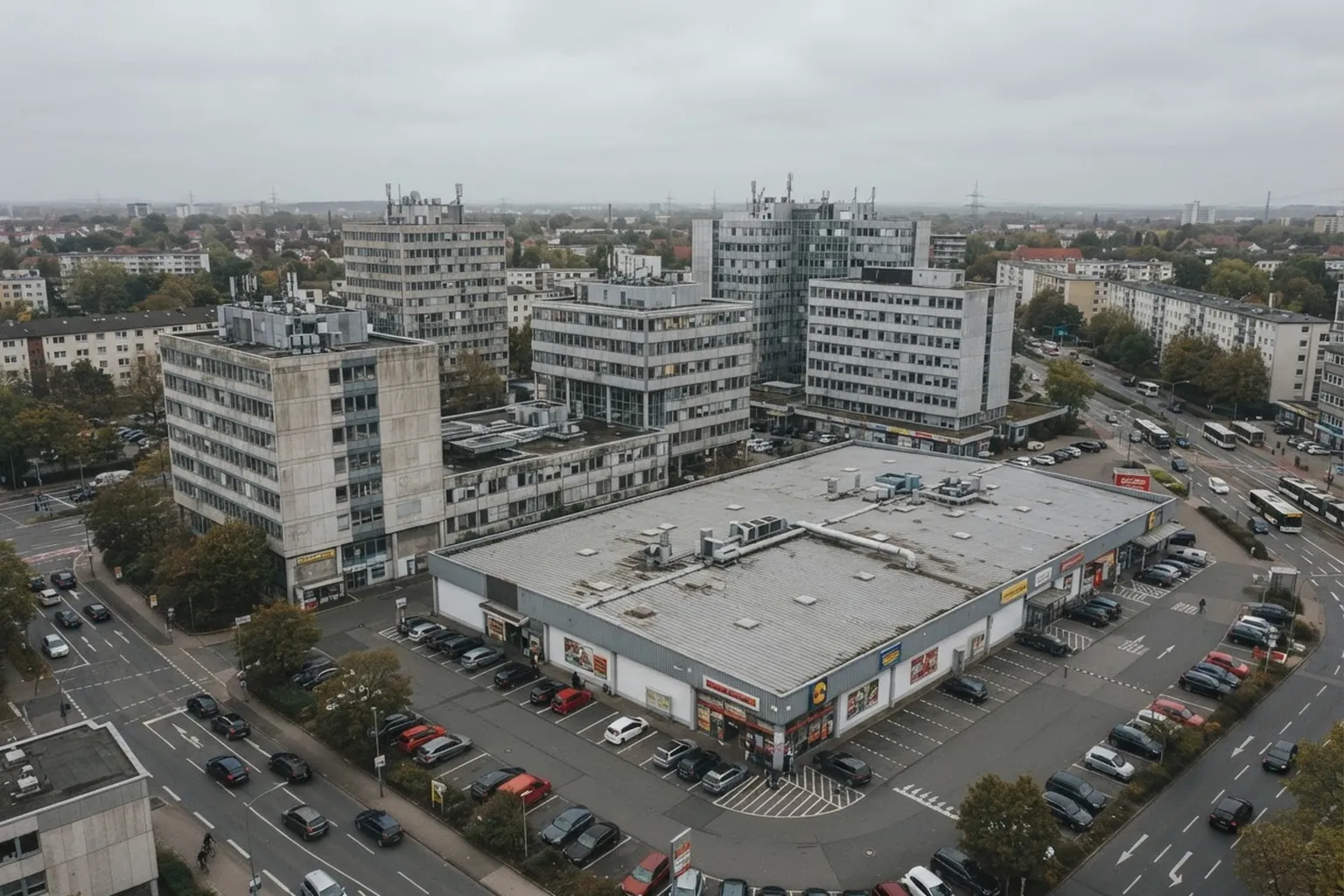 Luftaufnahme mehrerer Gewerbeimmobilien, Bürogebäude und Fachmarktzentrum, in einem Stadtgebiet