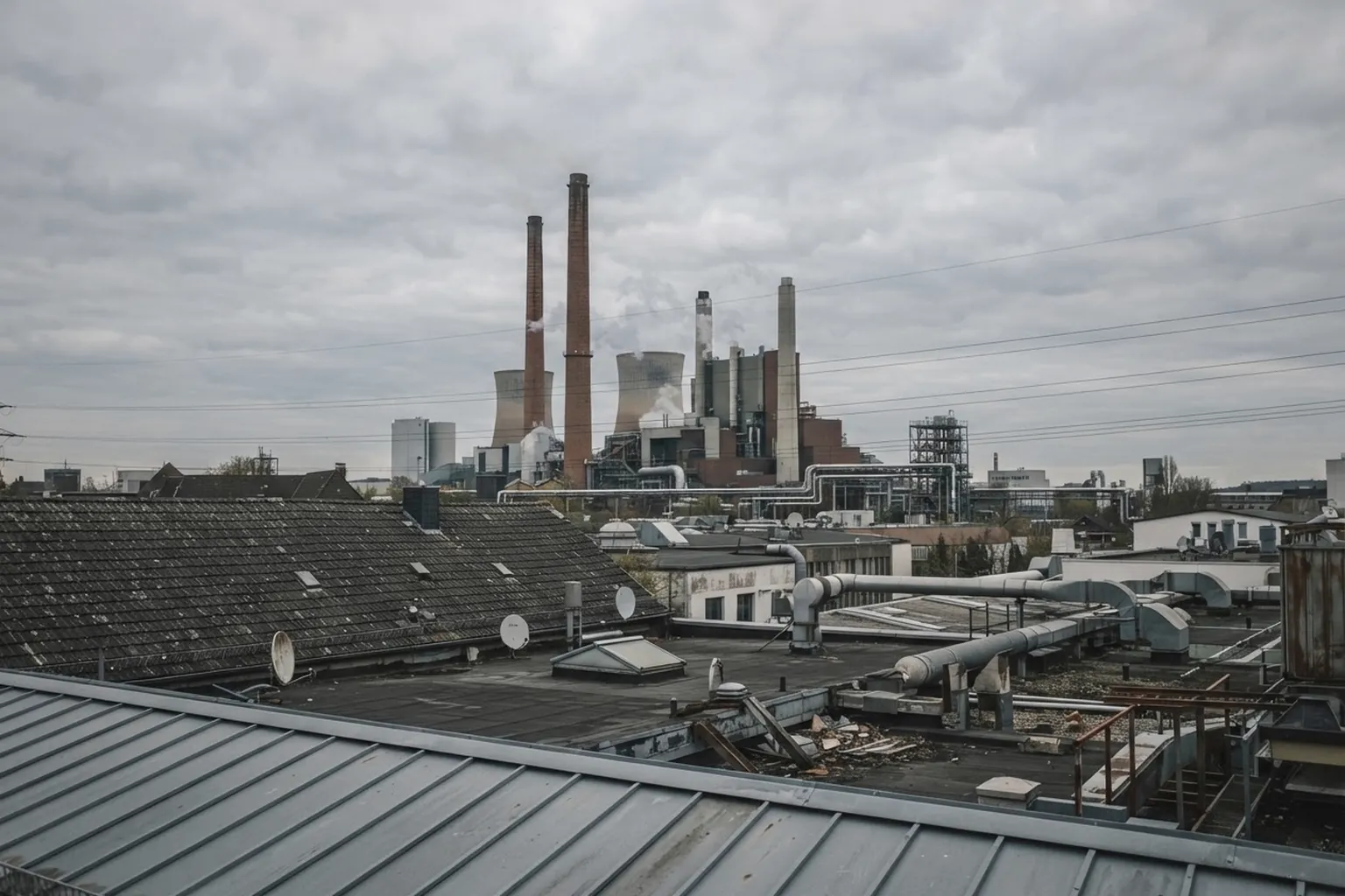 Industrieschornsteine und Heizkraftwerk vor Abendhimmel, im Vordergrund Dächer von Gewerbegebäuden