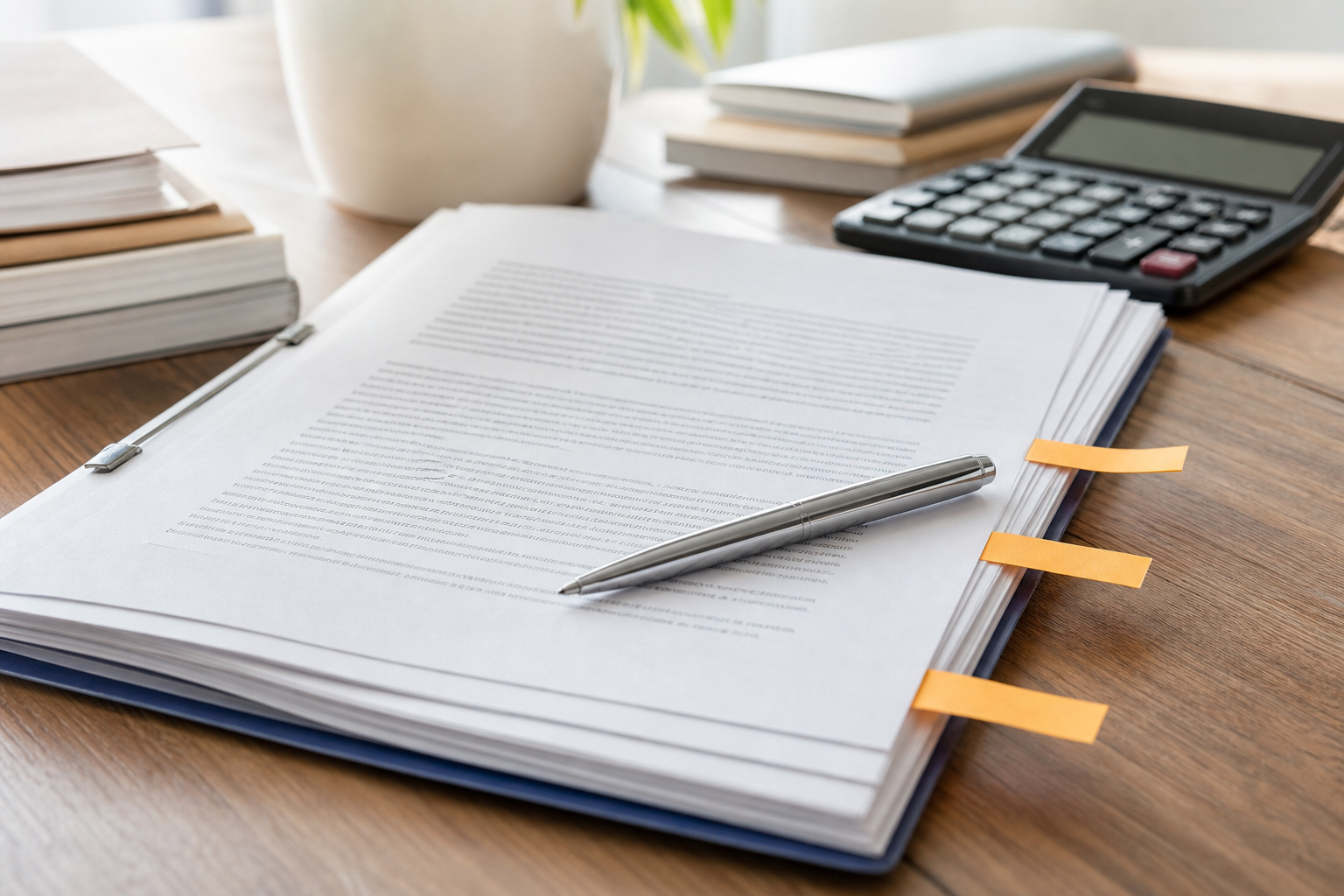 Nahaufnahme eines Gewerbemietvertrags mit Kugelschreiber, Taschenrechner und markierten Vertragsseiten auf einem Schreibtisch