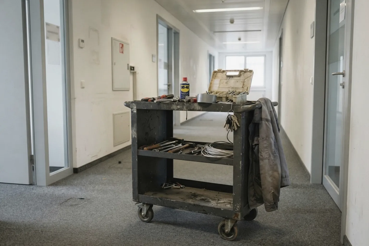 Werkzeugwagen eines Hausmeisters im Flur eines modernen Bürogebäudes
