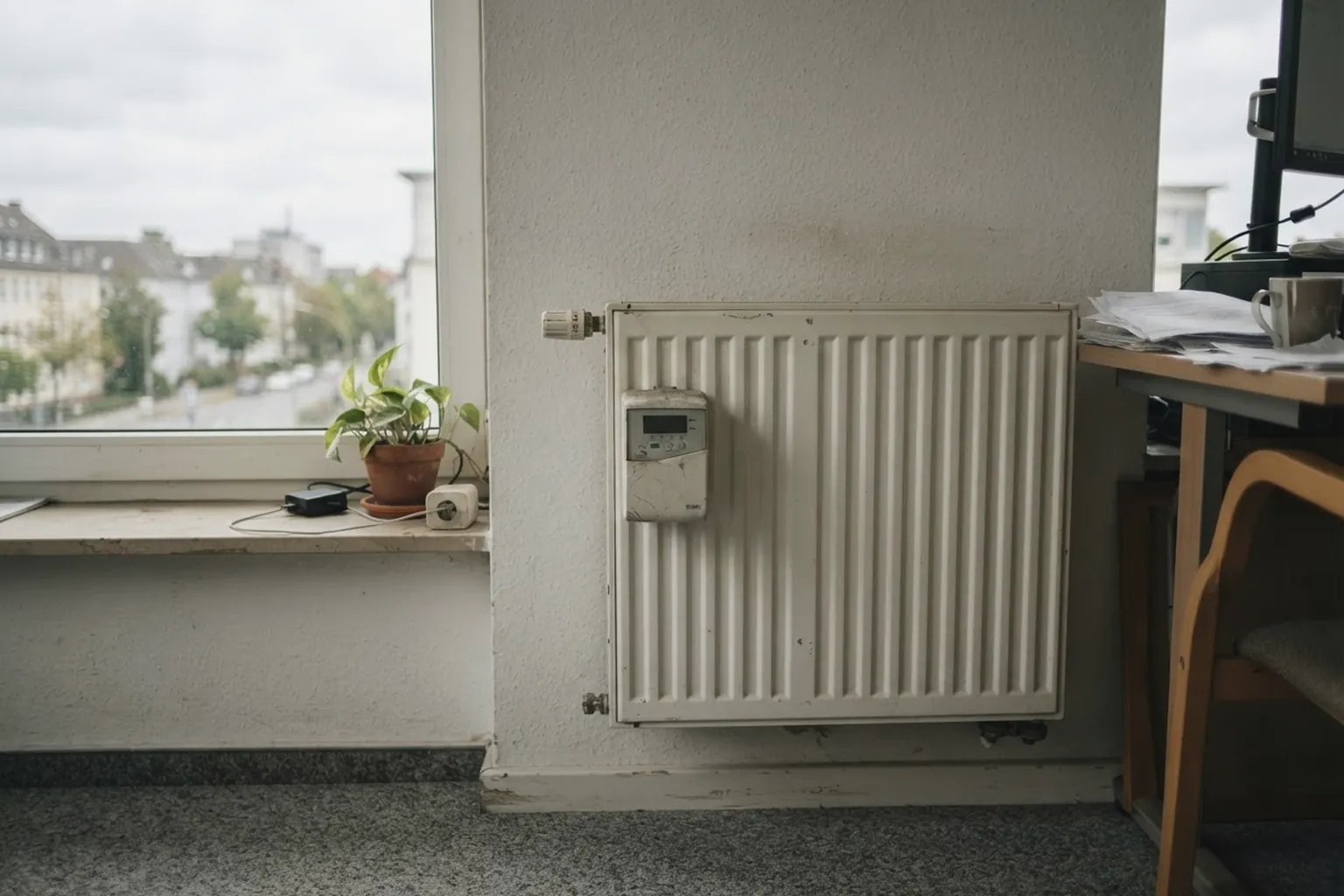 Heizkörper mit elektronischem Heizkostenverteiler an der Wand eines hellen Büros