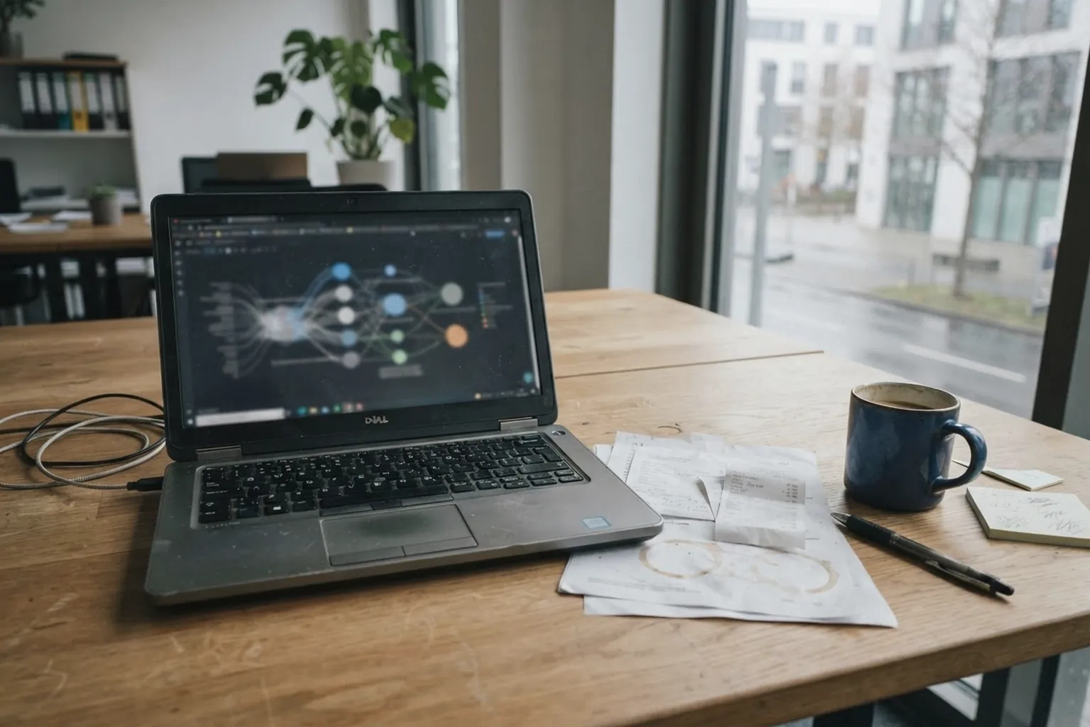 Laptop mit abstrakter Datenvisualisierung neben gescannten Dokumenten auf einem modernen Schreibtisch