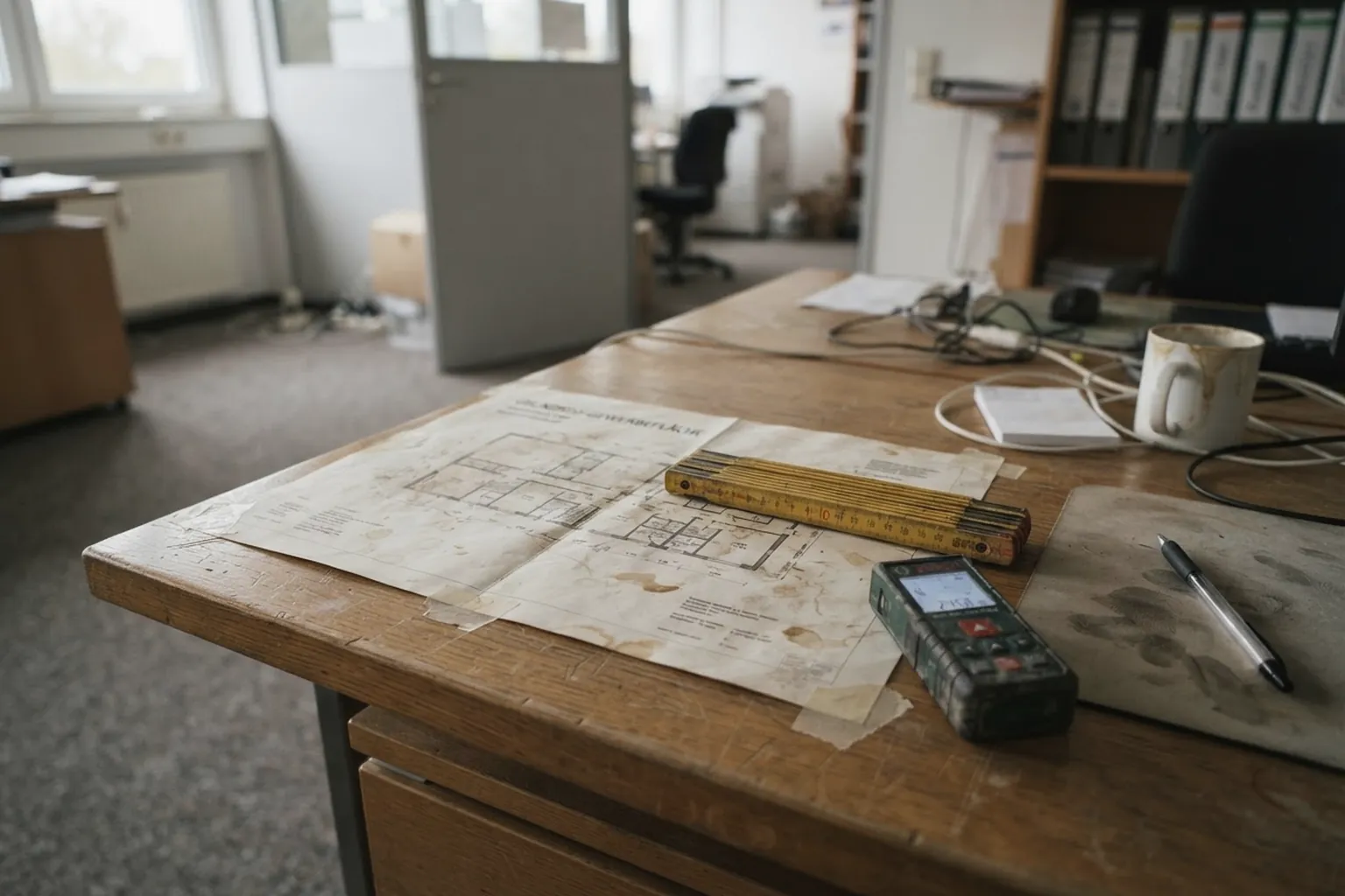 Grundriss einer Gewerbefläche mit Zollstock und Lasermessgerät auf einem Tisch