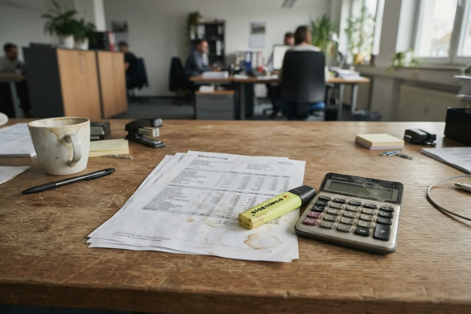Ausgedruckte Abrechnung mit Tabellen, Textmarker und Taschenrechner auf einem Schreibtisch