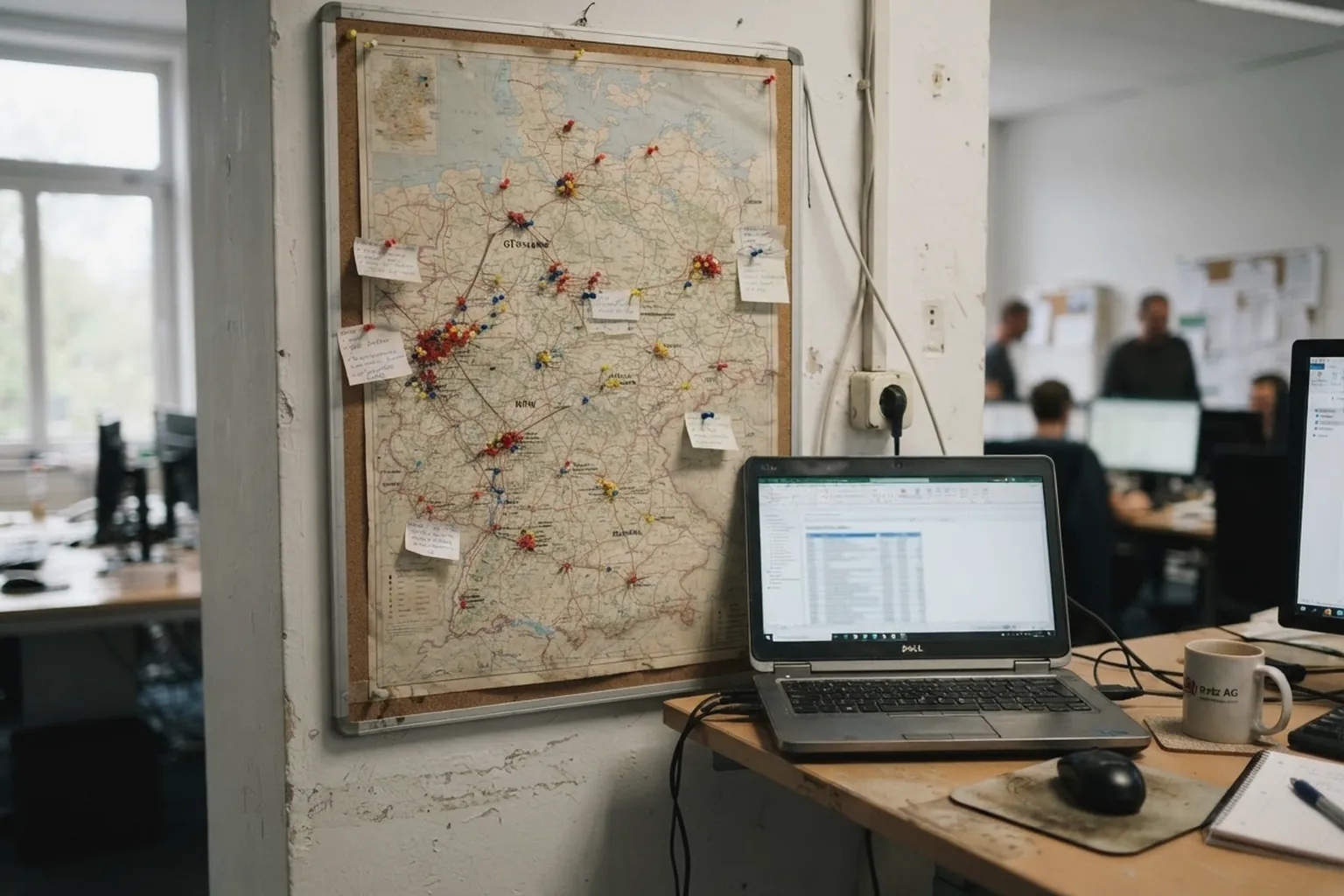 Pinnwand mit Karte und vielen markierten Standorten in einem Büro, daneben Laptop