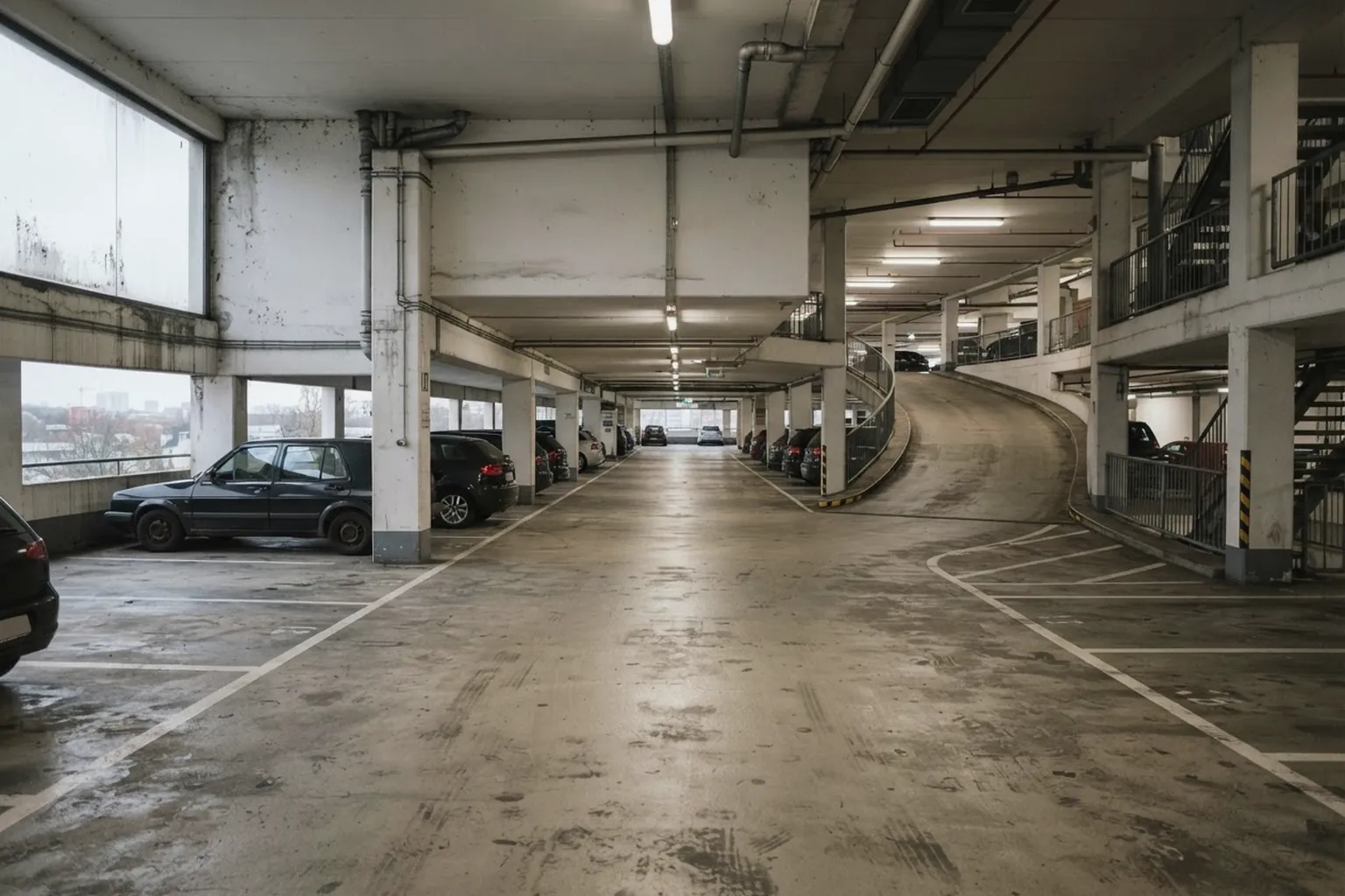 Helles Parkhaus eines Einkaufszentrums mit markierten Stellplätzen und Beleuchtung