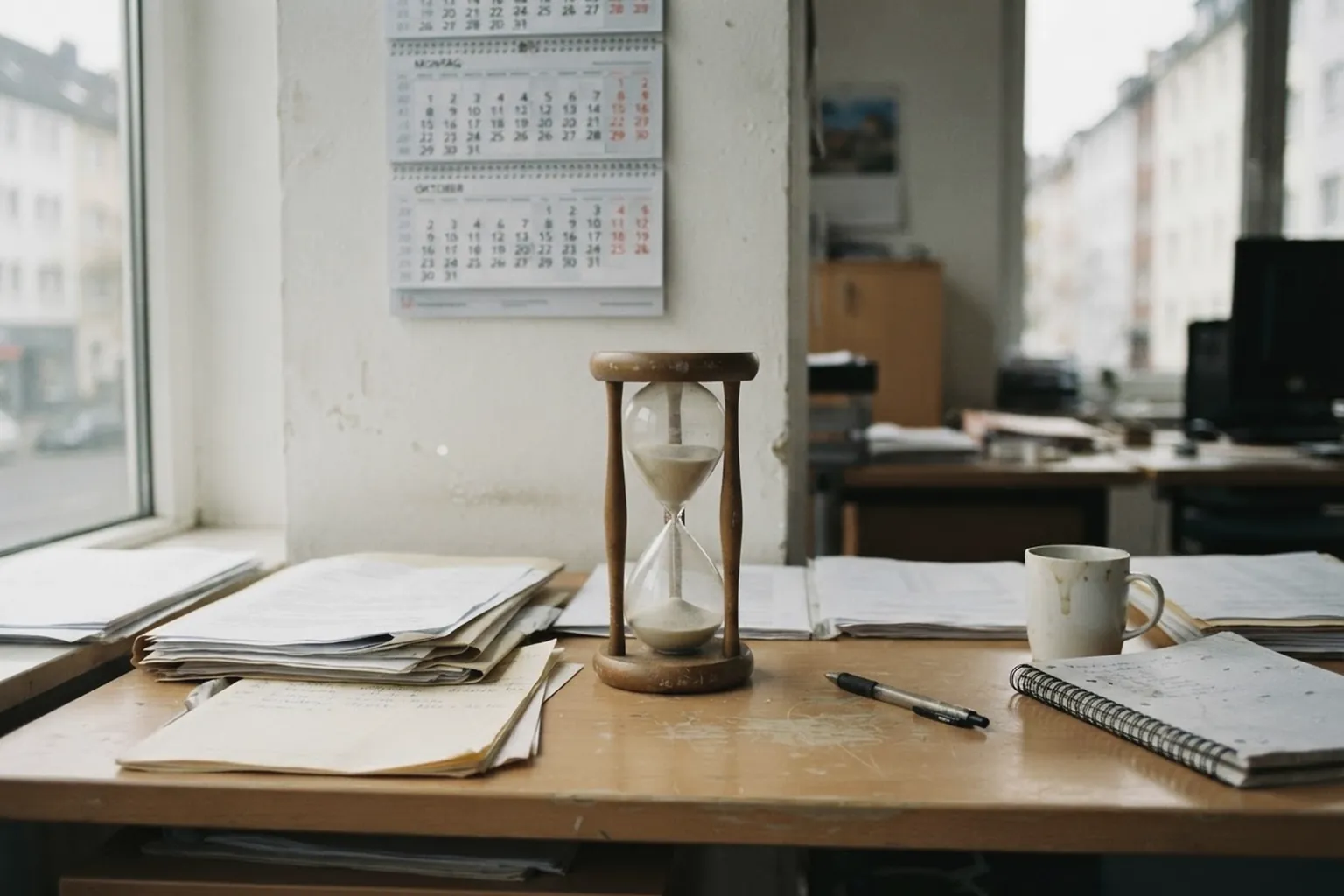 Wandkalender und Sanduhr auf einem Schreibtisch mit Unterlagen