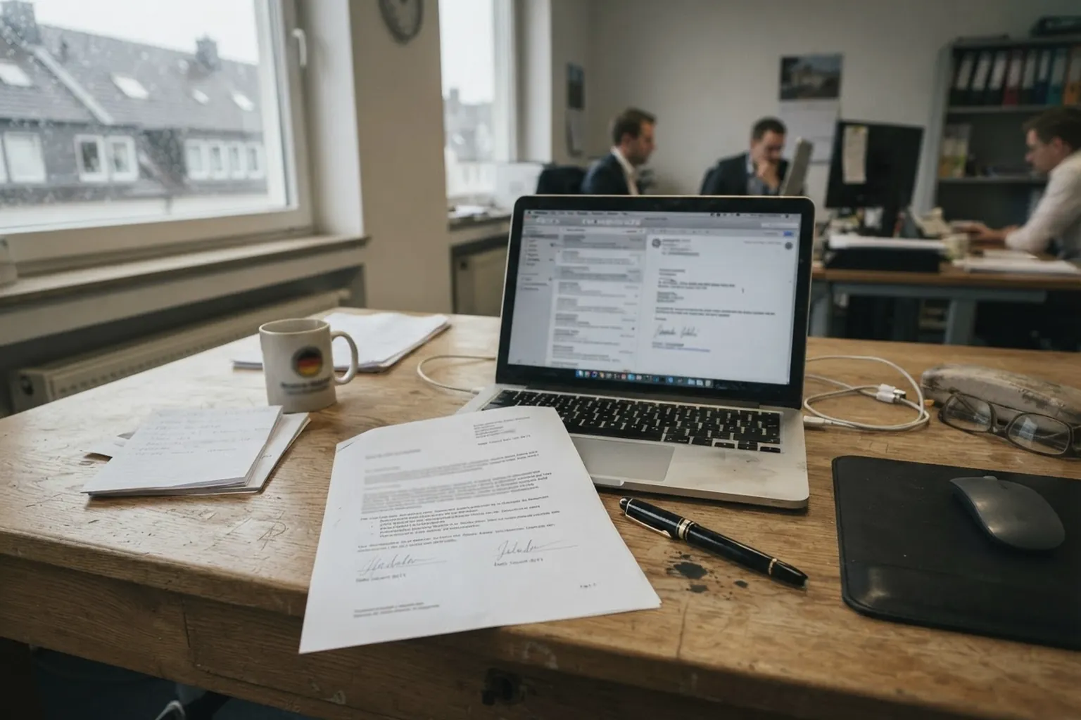 Unterzeichneter Papiervertrag neben einem Laptop mit E-Mail-Programm, Füller auf dem Tisch