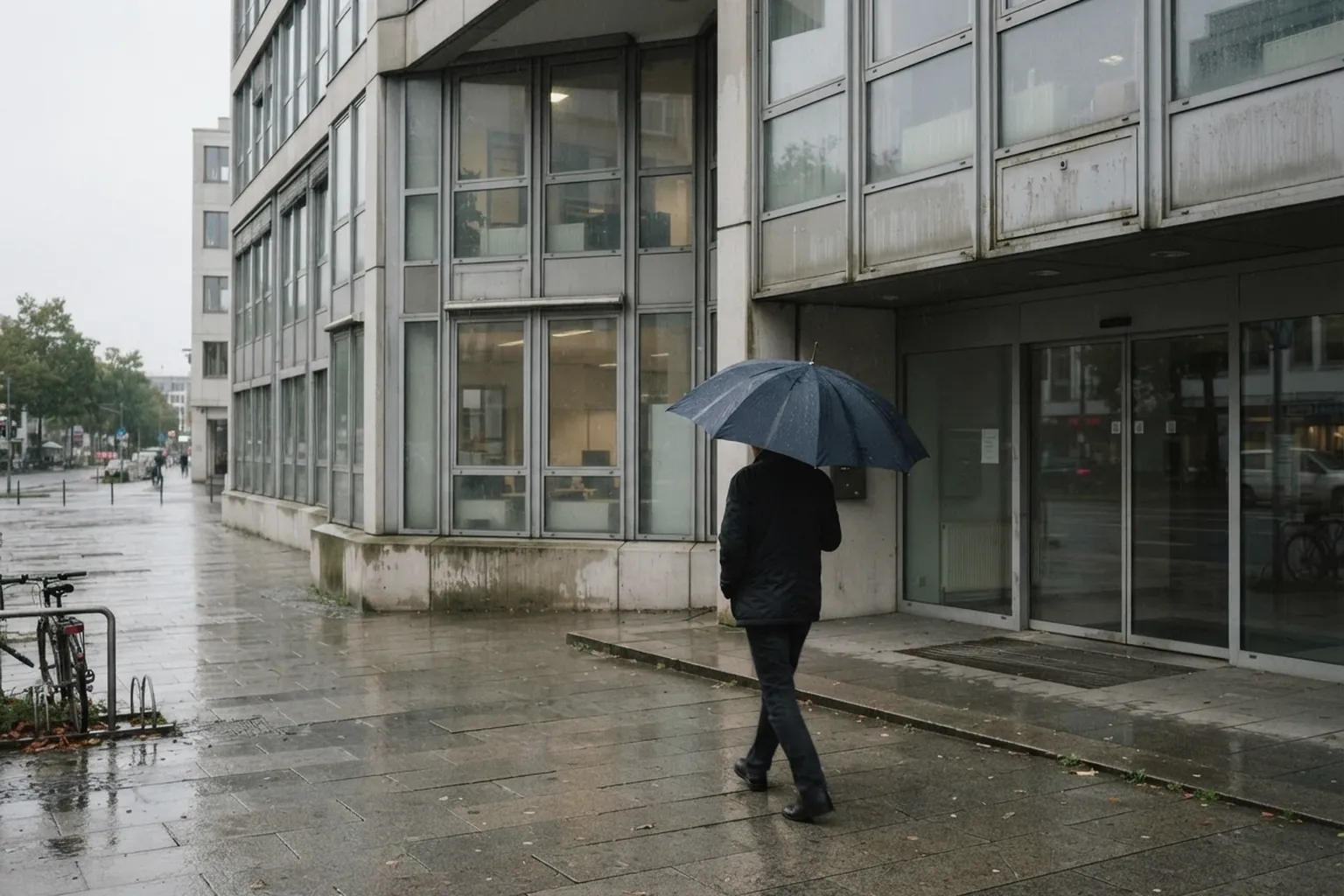 Schutzschild-Symbolik: Regenschirm vor einem modernen Geschäftsgebäude bei Regen
