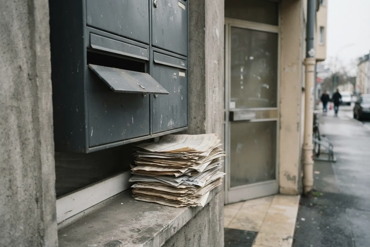 Leerer Briefkasten an einem Geschäftsgebäude, daneben ein Stapel Kontoauszüge