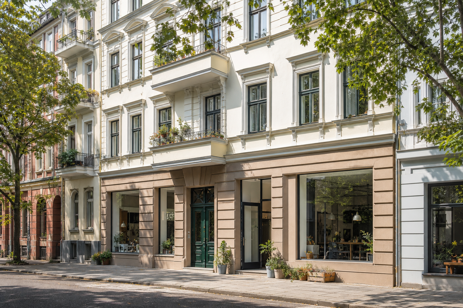 Blick auf ein deutsches Wohn- und Geschäftshaus mit Laden im Erdgeschoss und Wohnungen darüber