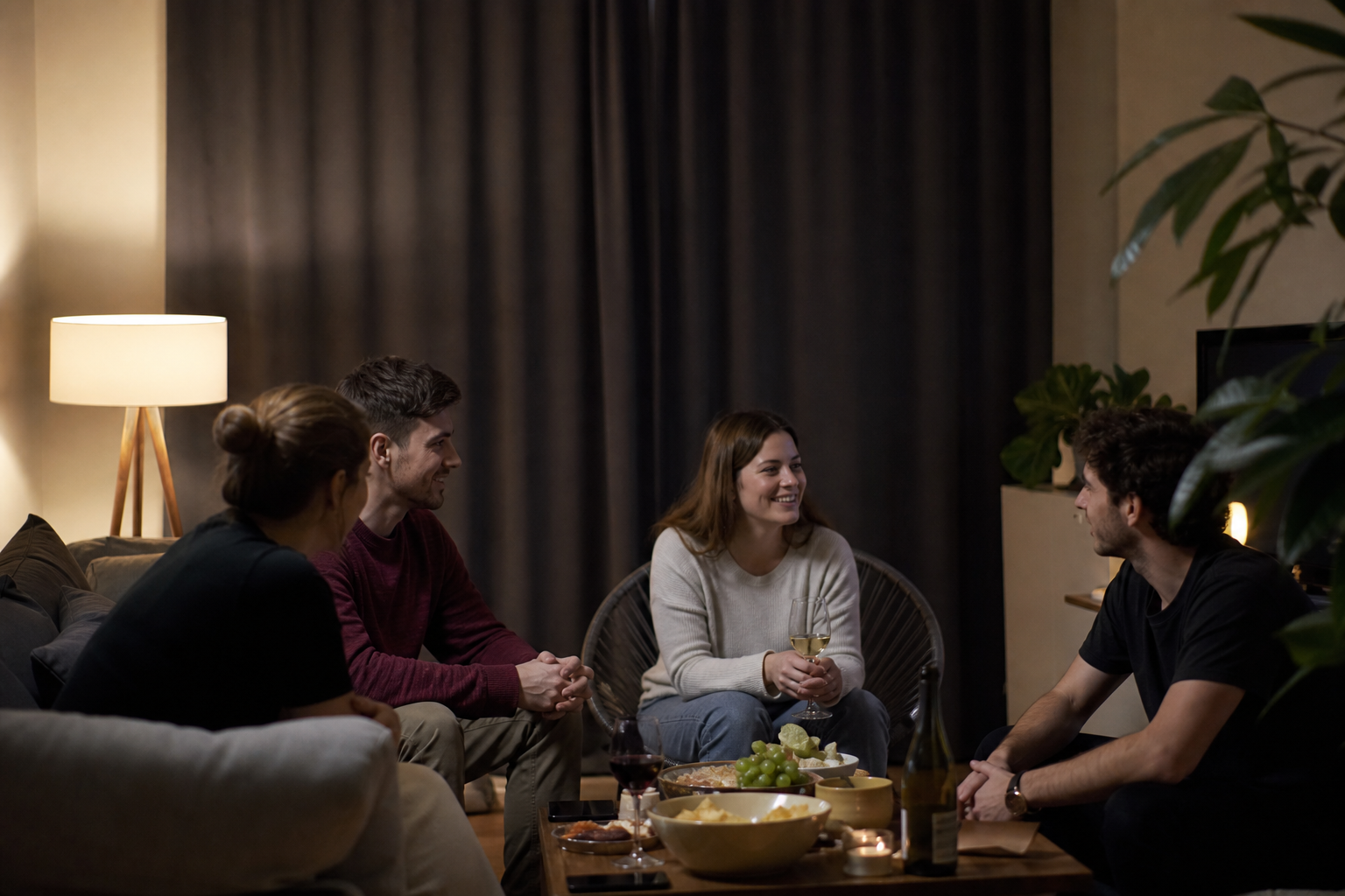 Abendliche Szene in einer deutschen Mietwohnung mit Gästen, gedämpftem Licht und zugezogenen Vorhängen